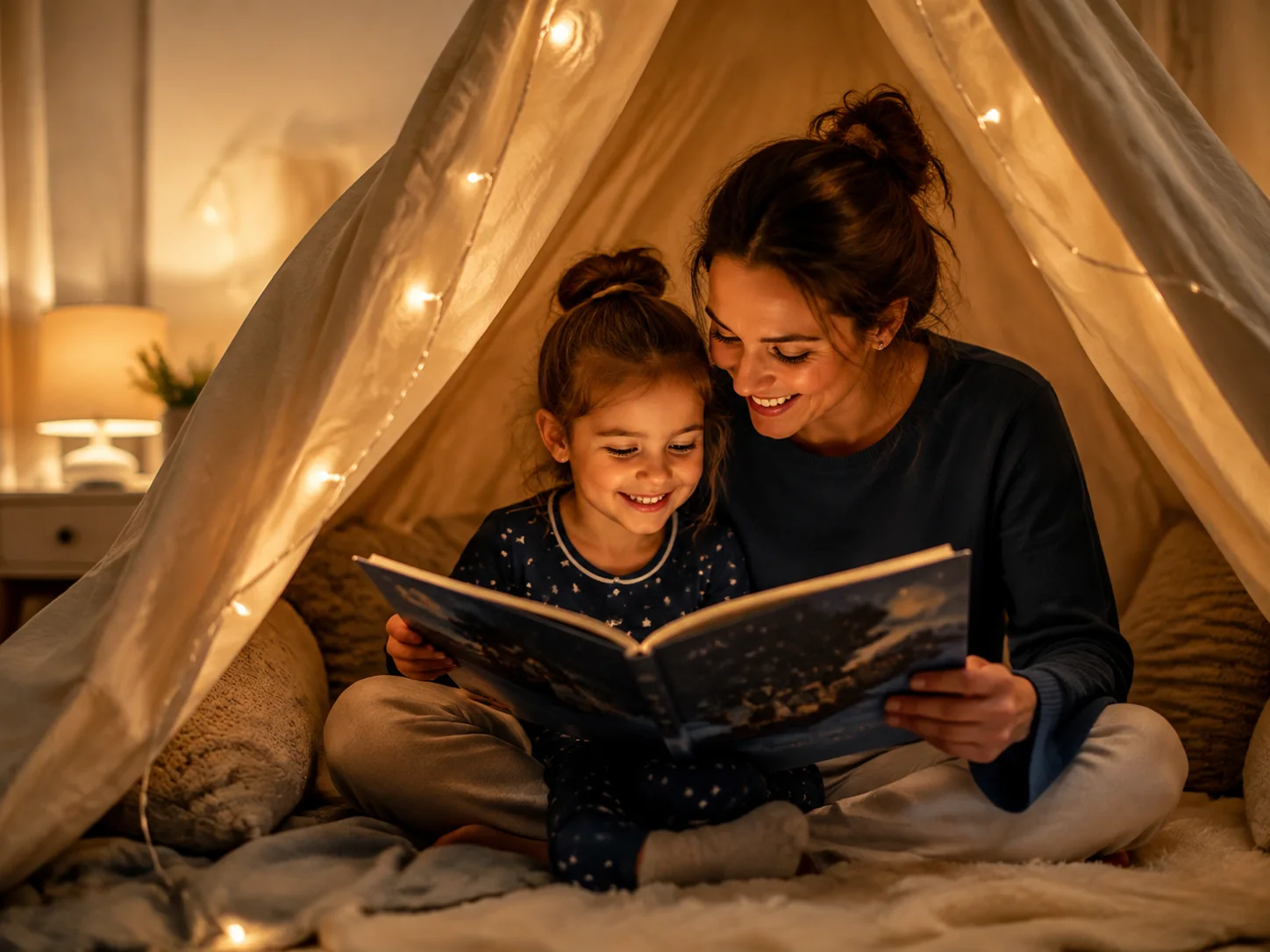 A mother and child reading a picture book together in a blanket fort