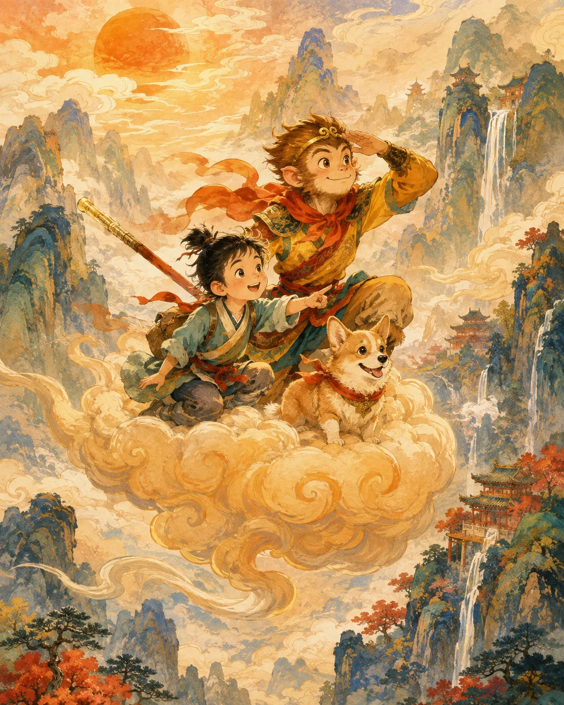 Journey to the West story concept in chinese watercolor style